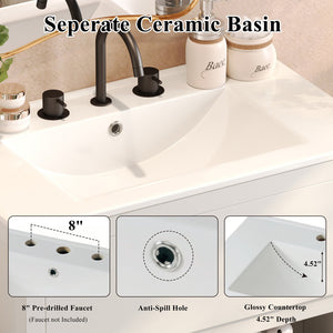 English Elm Christopher Knight Home® - 30" Bathroom Vanity with Ceramic Sink, 2 Soft-Close Full-Extension Drawers, Handle-Free 45° Design, Durable MDF White N817P280549W