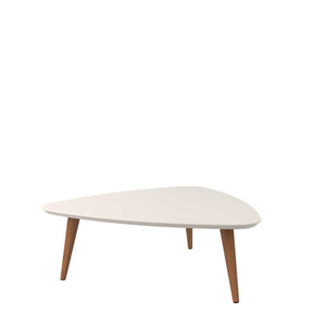 English Elm Utopia 34" Triangle Coffee Table Off White — Sleek Lacquered MDF Top, Solid Wood Splayed Legs, Durable Elegance B365P398086