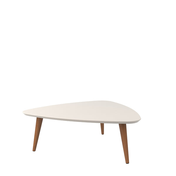 English Elm Utopia 34" Triangle Coffee Table Off White — Sleek Lacquered MDF Top, Solid Wood Splayed Legs, Durable Elegance B365P398086