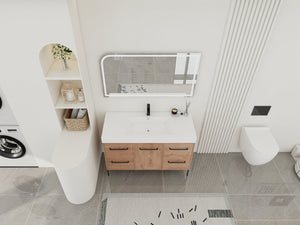 English Elm 48" Floating Bathroom Vanity Dual Ceramic Vessel Sinks Oak Finish Soft Close Doors W999S00527