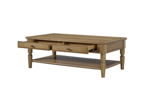 English Elm Drawer Cocktail Table Hickory Veneer Wood with Turned Legs Open Shelf Living Room Almond B2699P443215