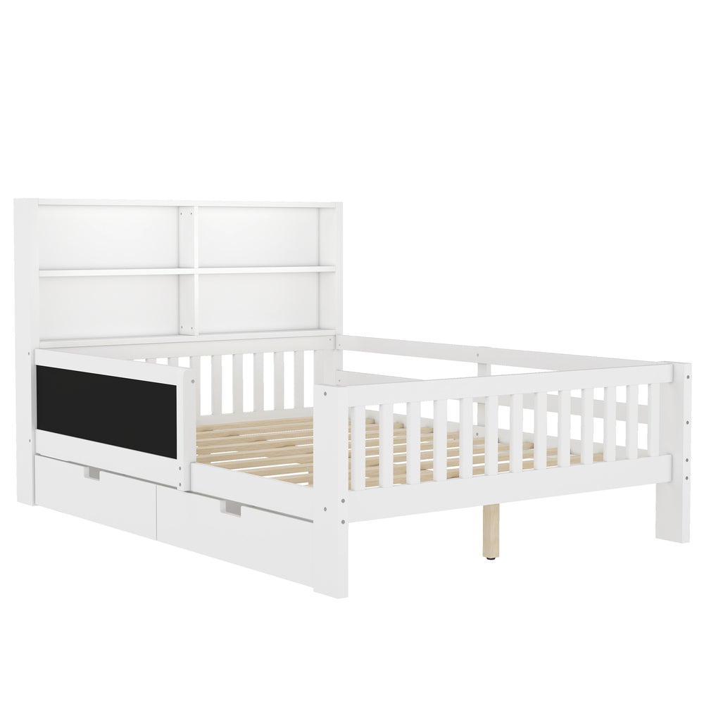 English Elm Full Solid Wood Platform Bed with Chalkboard Headboard, Storage Drawers & Shelves, Kid-Friendly White Off White W1580P362707
