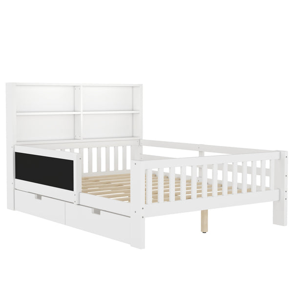 English Elm Full Solid Wood Platform Bed with Chalkboard Headboard, Storage Drawers & Shelves, Kid-Friendly White Off White W1580P362707