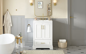 English Elm 24"Bathroom Modern Vanity with Ceramic Sink, Solid Wood Frame, Soft-Close Doors & Smart Storage System White N729P321378K