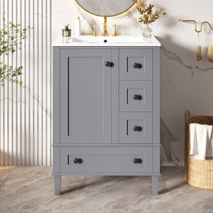 English Elm 24-inch Matte Bathroom Vanity Rubberwood Cabinet with Ceramic Sink and Soft-close Drawers Grey N729P377516E