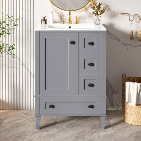 English Elm 24-inch Matte Bathroom Vanity Rubberwood Cabinet with Ceramic Sink and Soft-close Drawers Grey N729P377516E