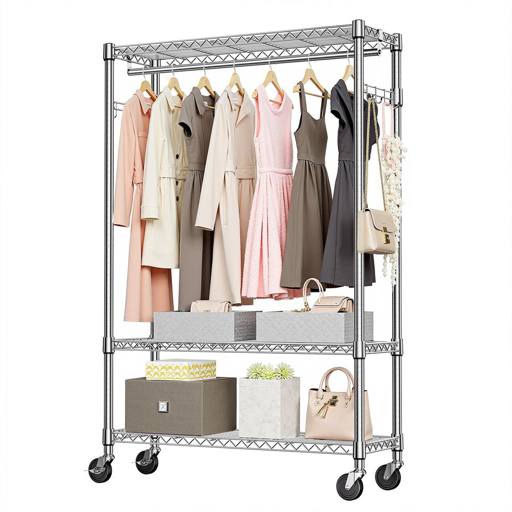English Elm Heavy Duty Rolling Garment Rack Freestanding Closet Organizer with Adjustable Steel Shelving Chrome W5386P445622
