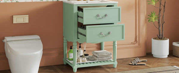 English Elm 24'' Vintage Bathroom Vanity with Ceramic Sink Soft Close Drawers Open Shelf Green N710P411237F
