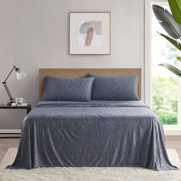 JLA Home Urban Habitat - Nylon Jersey Knit Sheet Set — Breathable, Silky-Smooth 50/50 Nylon-Poly Blend, Wrinkle-Resistant, Fits 16" Mattresses Navy UH20-2456