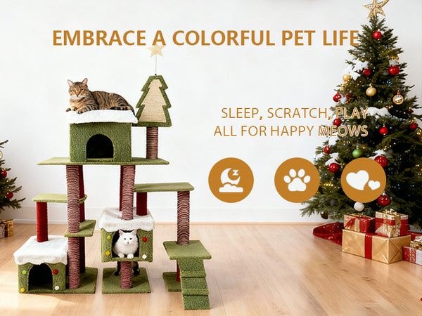 English Elm Wide Holiday Cat Tree Tower with Sisal Posts Tiered Perches and Festive Star Topper W243P382868