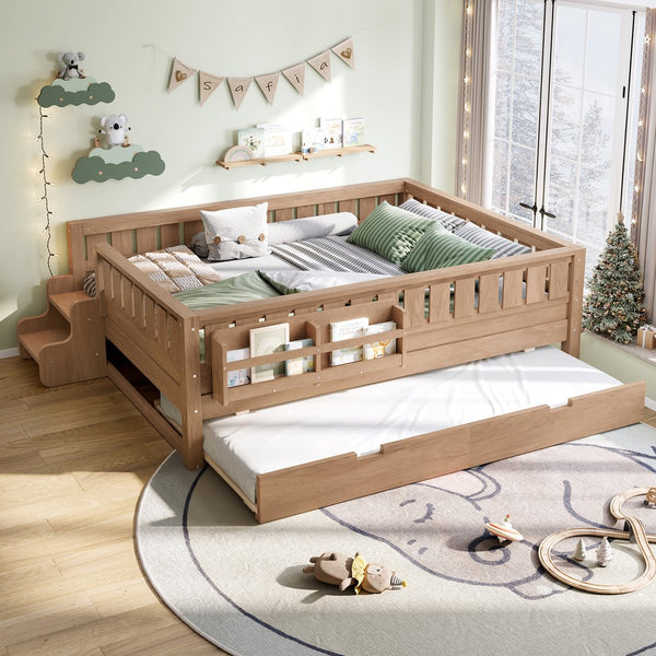 English Elm Twin Kids Platform Bed with Trundle Staircase Bookshelf and Rounded Safety Rails Natural W1580S00561