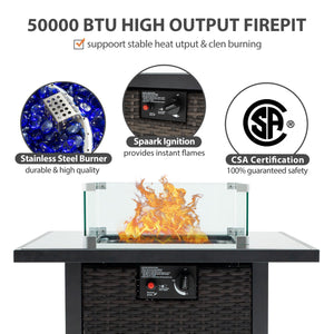 English Elm Outdoor Fire Pit 50,000 BTU Propane Gas Fire Table with Wicker Base, Glass Wind Guard, Lid, Patio Warmer Brown+Black W213P266089