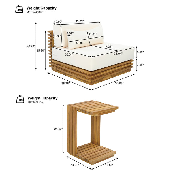 English Elm Oversized Acacia Wood Patio Club Chair and Table Set for Garden or Poolside N768P392778N