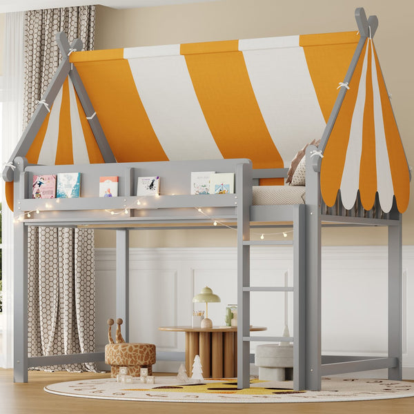 English Elm Full Size Solid Wood Loft Bed with Canopy Led Lighting and Integrated Bookshelf Gray N7090002242E