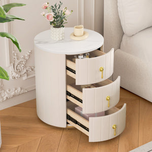 English Elm Upholstered Rounded Nightstand with 3 Spacious Drawers, Marbled Top and Metal Handles, Fully Assembled Beige 24 L x 19.5 W x 18.89 H N733P272609A