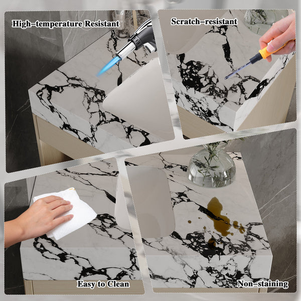 English Elm 29.9" Floating Bathroom Vanity Sintered Stone Top Soft Close Drawers Bronze Gold Hardware White+Black,Wood W3136S00035