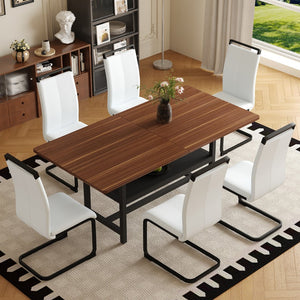 English Elm Table And Chair Set - 71" Walnut Grain Dining Table With 6 White Pu Chairs & Black Metal Legs W1151S04276-GIGA