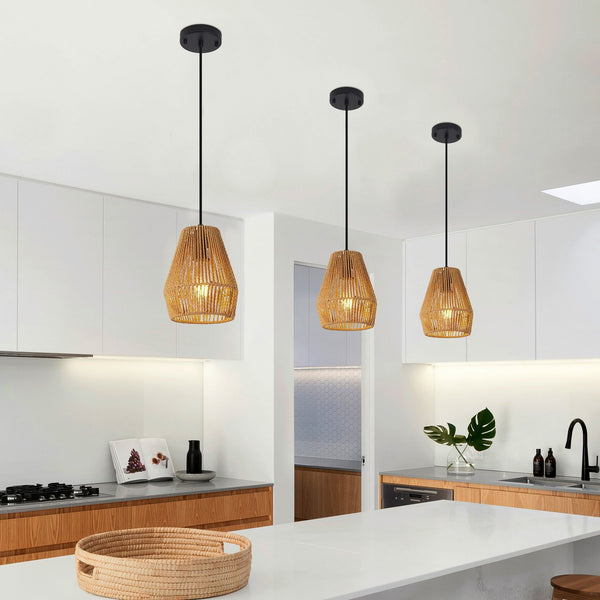 English Elm 7" Rustic Hemp Rope Pendant Light Set of 3 - Handcrafted Farmhouse Ceiling Lamps, Adjustable Height, Natural Woven Iron Fixture for Kitchen Island, Dining Room, Living Room W2312P368682