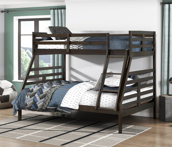 English Elm Twin Twin-over-Twin Bunk Bed with Guard Rails and Integrated Ladder, Oak-Veneer Durable Frame, Space-Saving Design Dark Brown 58.5 L x 34.5 W x 7 H B011S01852