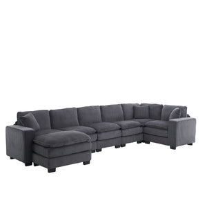 English Elm Modern U Shaped 6-Seat Sectional Sofa with Ottoman and 3 Toss Pillows, Corduroy Modular Comfort and Durable Frame Grey W2363S00041