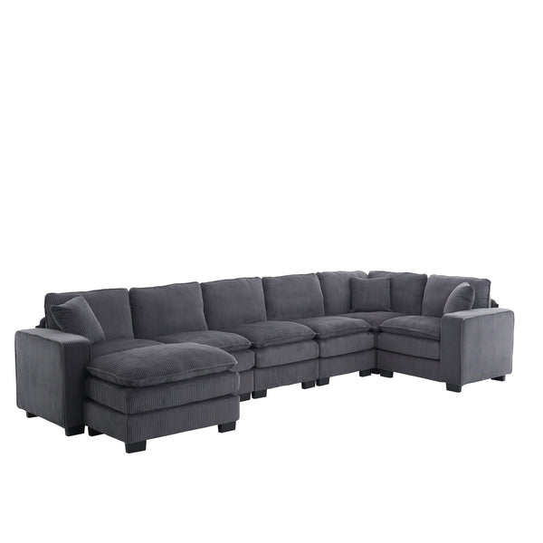English Elm Modern U Shaped 6-Seat Sectional Sofa with Ottoman and 3 Toss Pillows, Corduroy Modular Comfort and Durable Frame Grey W2363S00041