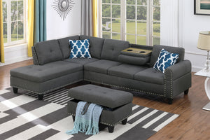 English Elm Black Faux Leather Sectional Sofa with Cup Holders Storage Ottoman and Nailhead Trim Dark Gray B2730S00025