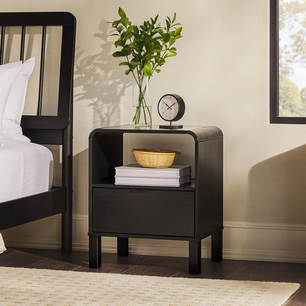 English Elm Walker Edison - Modern Solid Wood Nightstand with Curved Top and Drawer, Minimalist Pine Design for Bedroom Storage and Side Table Black 26.5 L x 19 W x 6 H B185P168920