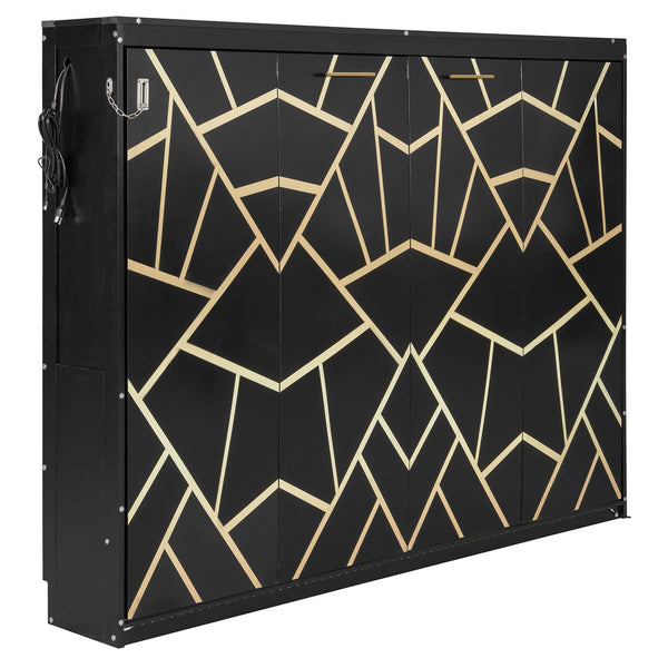 English Elm Queen-size Murphy Wall Bed with Led Ambient Lighting Usb Outlet and Graphic Panel Black LP000357AAB