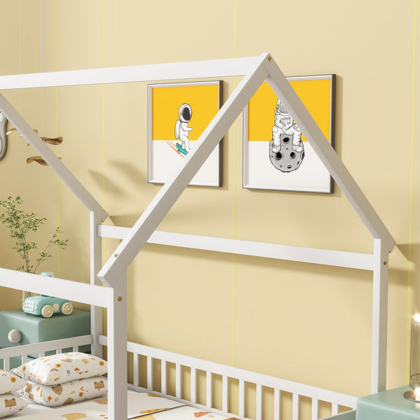 English Elm Full Size House Floor Bed With Roof Frame & Safety Guardrails - Cozy, Imaginative Retreat For Kids W504P286408