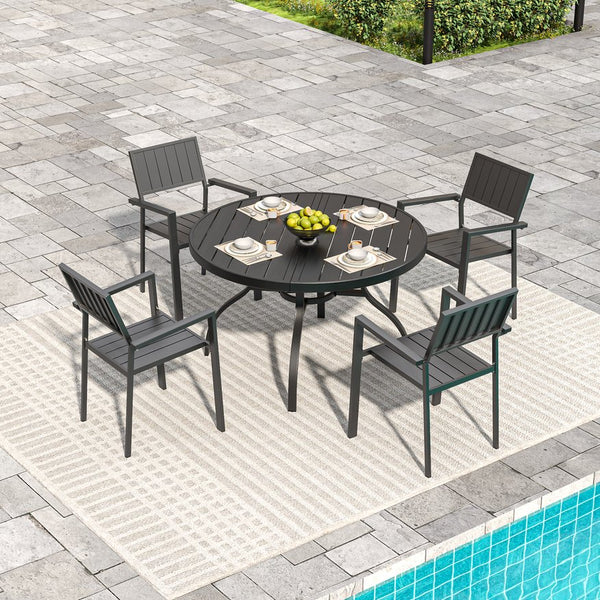 English Elm "round Faux Wood Slat Top Outdoor Dining Table 47 Inch Iron Base Patio Garden Black W3979P402407