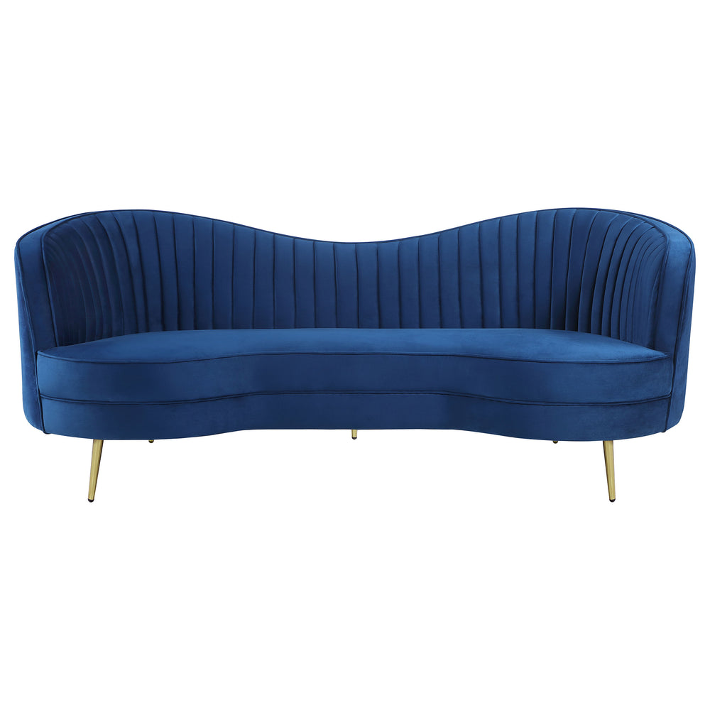 English Elm Marsden Sophia Blue Velvet Recessed Arm Sofa with Inverted Camel Back, Vertical Channels, Gold Legs B062P357811