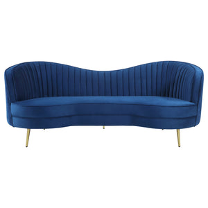 English Elm Marsden Sophia Blue Velvet Recessed Arm Sofa with Inverted Camel Back, Vertical Channels, Gold Legs B062P357811