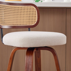 English Elm Set of 2 Swivel Counter Stools Walnut Frame Rattan Back Linen Seat Kitchen Island Beige W1143P392163