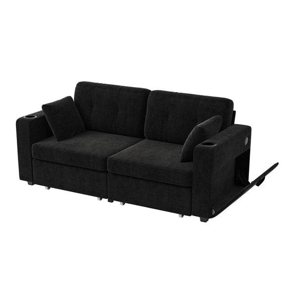 English Elm Sofas for Living Room Chenille Three Seat Couch with Usb Charging Storage and Cup Holder Black W395S00144