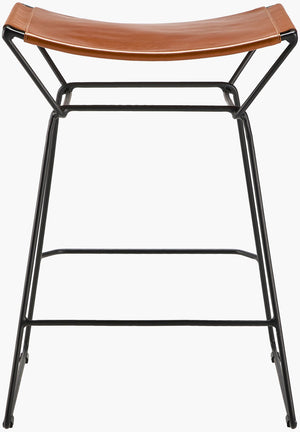 Surya Celerio Minimalist Modern 25"H Leather Top Counter Stool With Sleek Metal Base – Easy Maintenance! Top, Brown,Base, Gray Leather,Iron Cele-001