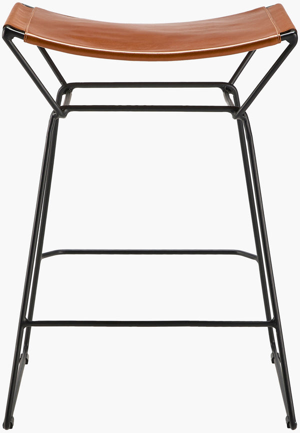 Surya Celerio Minimalist Modern 25"H Leather Top Counter Stool With Sleek Metal Base – Easy Maintenance! Top, Brown,Base, Gray Leather,Iron Cele-001