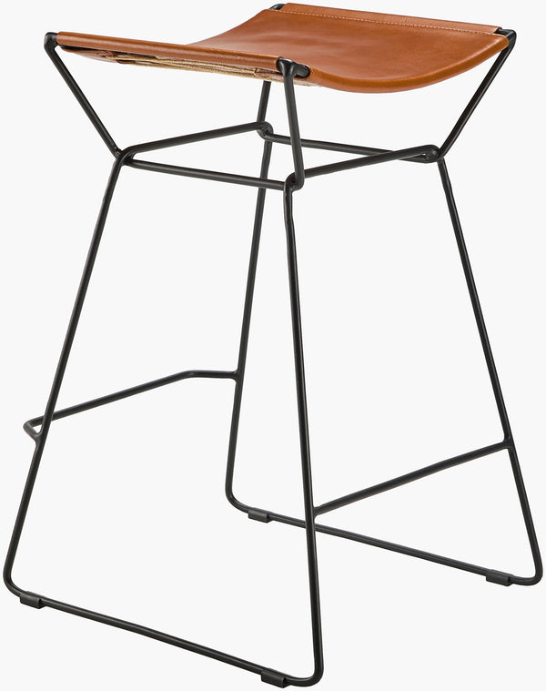 Surya Celerio Minimalist Modern 25"H Leather Top Counter Stool With Sleek Metal Base – Easy Maintenance! Top, Brown,Base, Gray Leather,Iron Cele-001