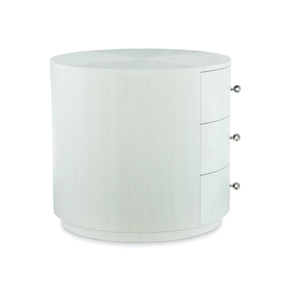 Bernhardt Bernhardt Axiom Round Chairside Table With 3-Drawer 3D Pyramid Faces Linear White Finish, Glamorous Storage 381127