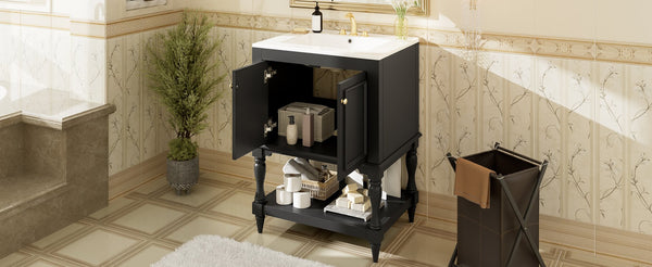 English Elm 24'' French Style Bathroom Vanity with Ceramic Sink Soft Close Cabinet and Drawer Black N710P411341B