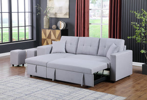 English Elm Dino Linen Tufted Sleeper Sectional with Reversible Chaise Storage and Two Ottomans Light Gray B2749S00202