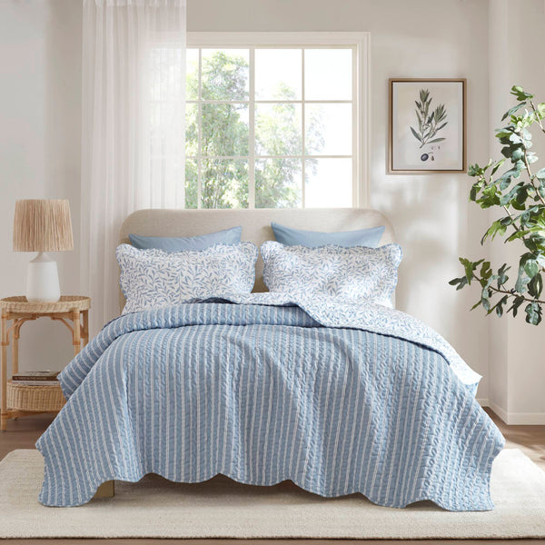 English Elm 5-piece Cotton Dobby Botanical Duvet Set with Embroidered Coastal Throw Pillows B035P463290