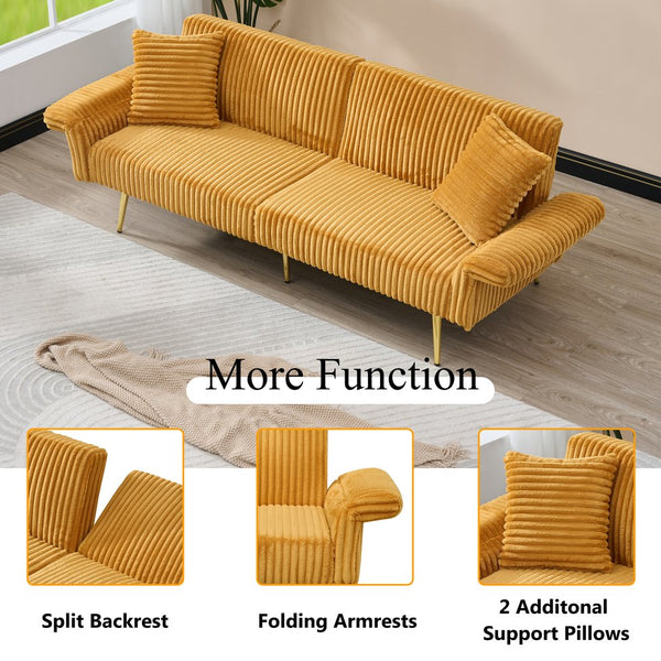 English Elm 79 Corduroy Sofa Bed Foldable Double Convertible Sleeper with Folding Armrests for Compact Living Rooms Yellow W2290P250581