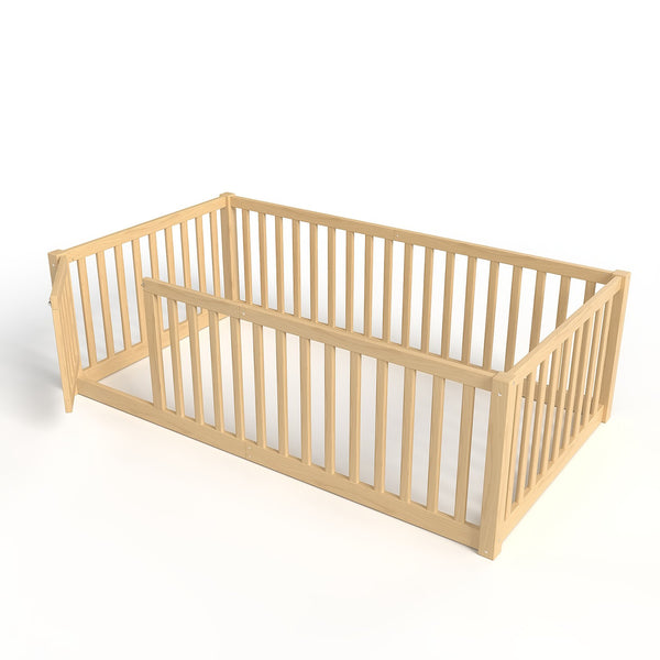 English Elm Twin Floor Bed Pine Wood Frame with Guardrails and Door for Safe Toddler Sleep Natural W1580P417669