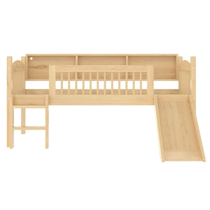 English Elm Twin Low Loft Bed Solid Pine Frame with Built-in Led Lighting and Storage Shelves Natural W1580P395930