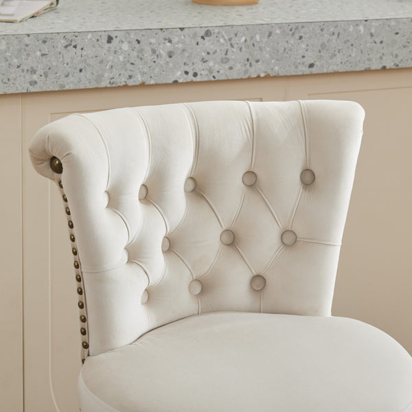 English Elm 26" Velvet Swivel Counter Stools Set of 2 with Tufted Back, Foam Cushion & Solid Wood Legs Beige W1143P362518