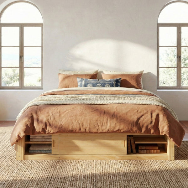 English Elm Queen Platform Bed with Four Storage Drawers Footboard Cubby Modern Low Profile Frame Natural LP000138AAN
