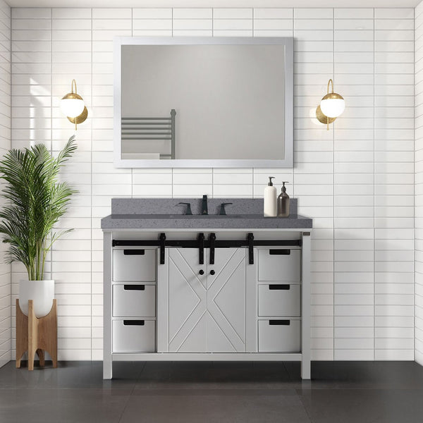 English Elm White Solid Wood Bath Vanity 48"W x 22"D with Grey Quartz Top, Soft-Close Drawers & Open Shelf B2731P260017