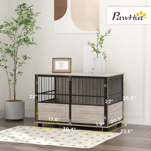 English Elm Pawhut 39.5" Dog Crate End Table – Stylish Wooden Indoor Kennel With 3 Doors For Your Pet'S Comfort W2225P217156-GIGA