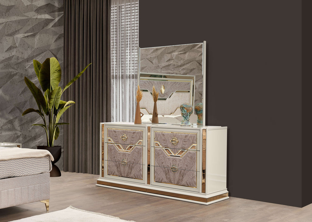 English Elm Omari Modern 6-Drawer Dresser: Luxe Beige Eucalyptus With Gold Accents & Mirrored Details For Glam Spaces B009P245440