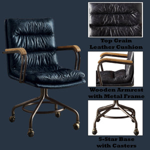English Elm Harith Vintage Blue Top Grain Leather Executive Office Chair with Swivel, Padded Seat & Wooden Arms B2726P269405